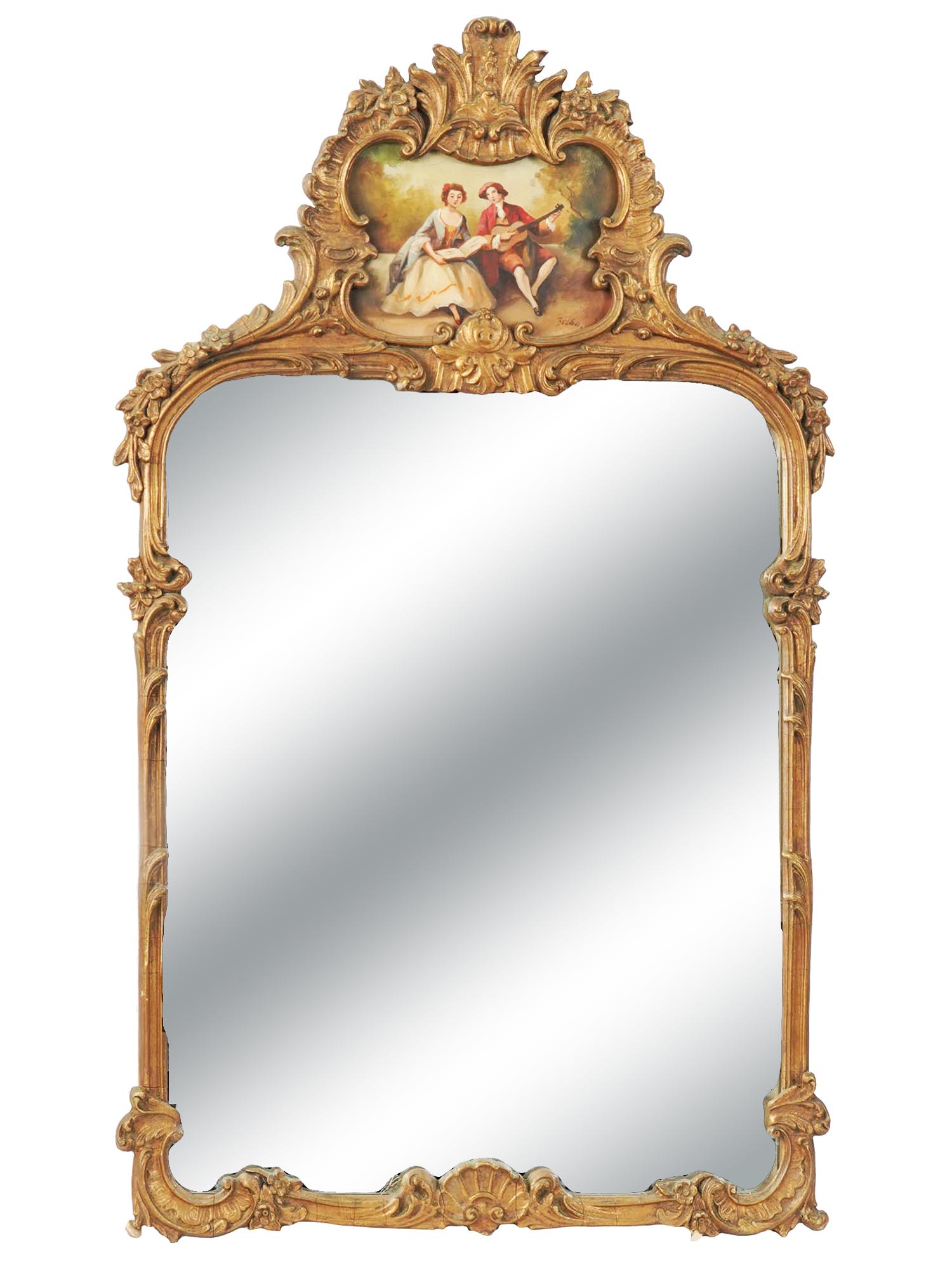 ANTIQUE FRAMED WALL MIRROR WITH PAINTING ON TOP